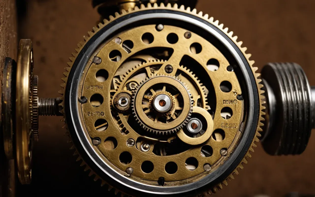 tarihi saat mekanizması A close-up of an intricate mechanical clockwork mechanism with brass gears and springs under warm studio lighting.