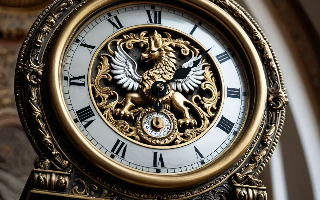 A close up of an ornate antique clock featuring a mythical griffin figure made of polished gold and silver. The intricate metalwork is illuminated by soft museum lighting on a dark velvet cloth.