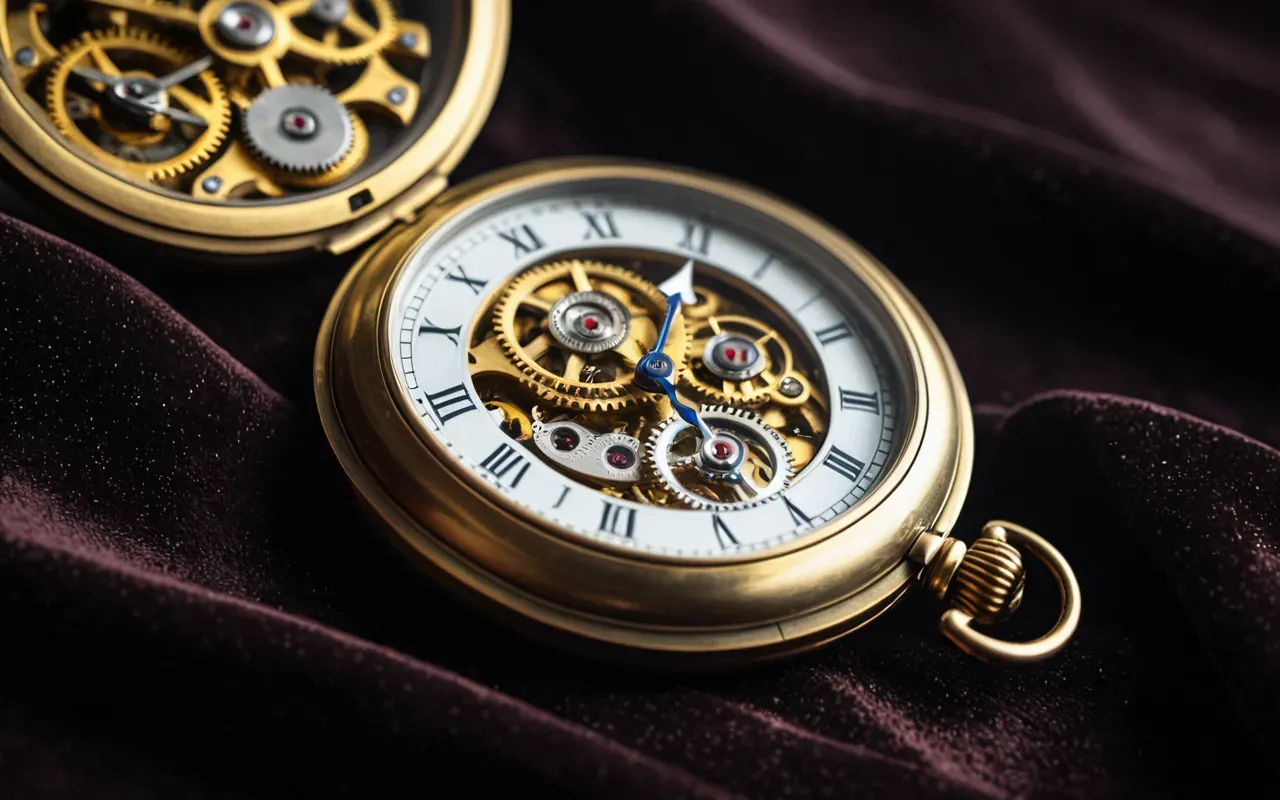 A close up shot of an intricate antique mechanical pocket watch with gold gears and a visible balance wheel, resting on a dark velvet cloth in warm ambient lighting.