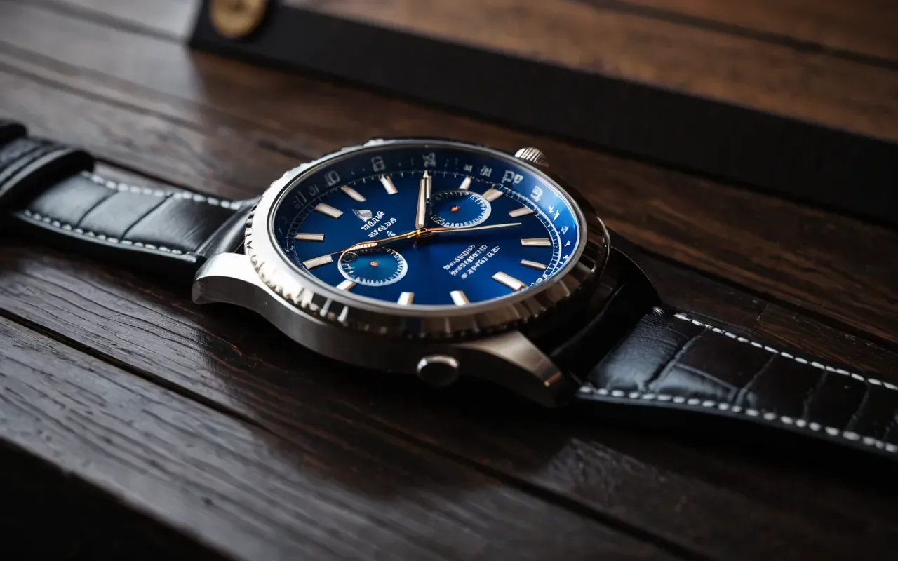 otomatik saat tasarımı A close-up view of a blue-dial automatic wristwatch with a stainless steel bracelet resting on a dark wooden table. The watch face is visible but has no numbers or text. Soft natural light highlights the metal texture and the deep blue color of the dial.