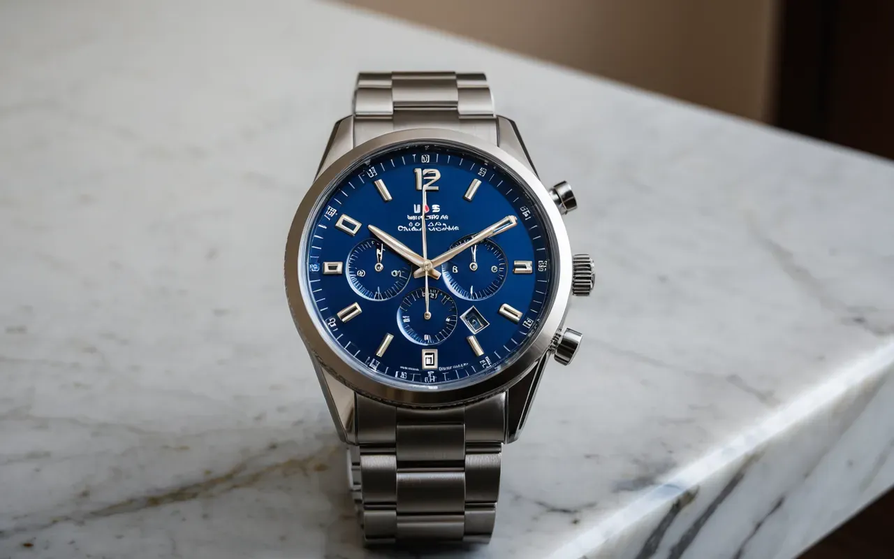 lüks saat detayları A close-up view of a blue-dial automatic watch with steel bracelet placed on a polished marble surface. The lighting is soft and diffused creating gentle reflections on the metal band while highlighting the deep blue color of the dial.