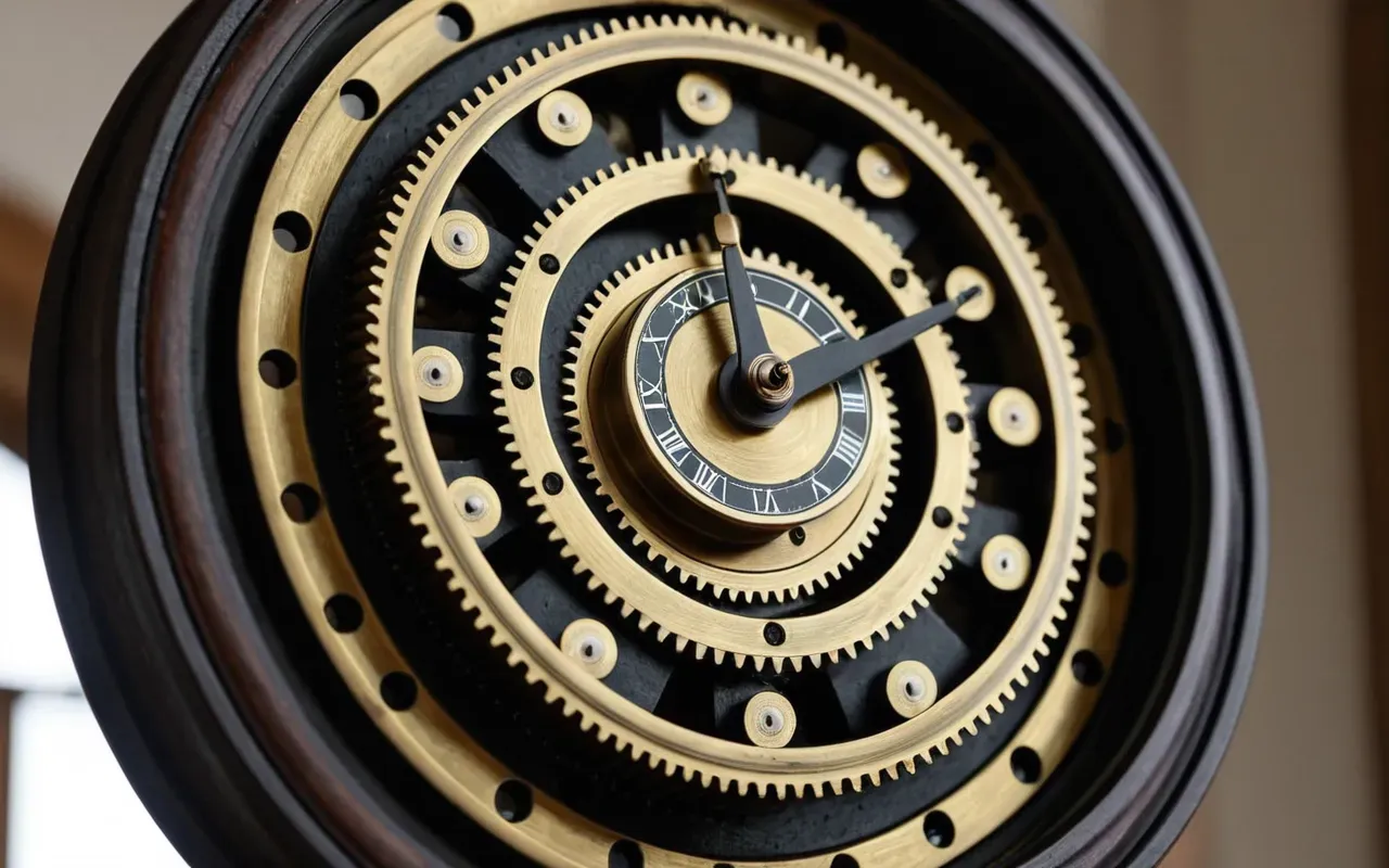 A close-up view of a complex mechanical clock mechanism with brass gears and weights in soft natural light. The intricate details of the cogs are visible without any text or numbers.
