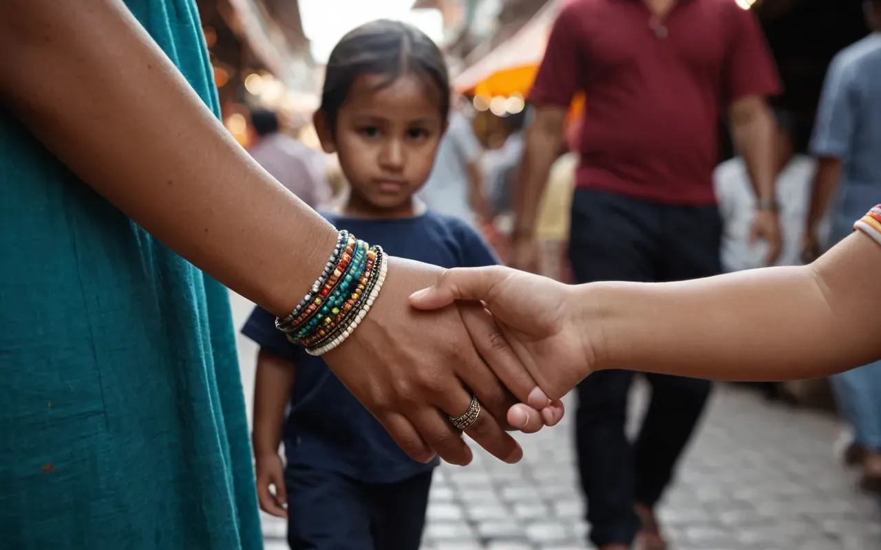 A close-up view of a mother's hand gently holding a child's small hand as they walk through a busy market street. The background is softly blurred showing colorful shop fronts and hanging lights, evoking a sense of movement and daily life in a vibrant urban center without any readable text.