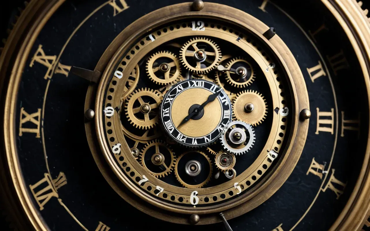A close-up view of an intricate vintage clock mechanism with brass gears and springs. The components are arranged in a circular pattern against a dark background. Soft studio lighting highlights the metallic textures and precision engineering. The scene conveys a sense of historical craftsmanship and mechanical beauty.