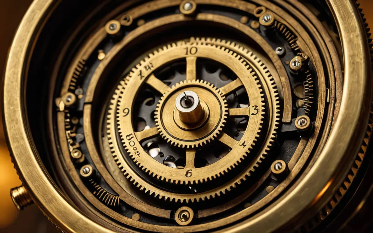 mekanik saat bakımı A close-up view of intricate brass gears and springs inside a vintage clock mechanism, illuminated by warm golden light, showing high precision engineering details without any visible text or labels.