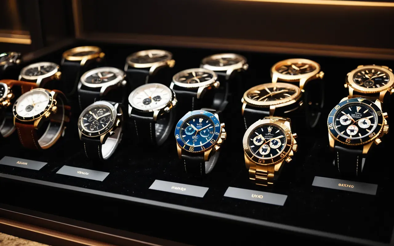A collection of luxury automatic watches arranged neatly on a dark velvet surface under warm ambient lighting in an elegant display case.
