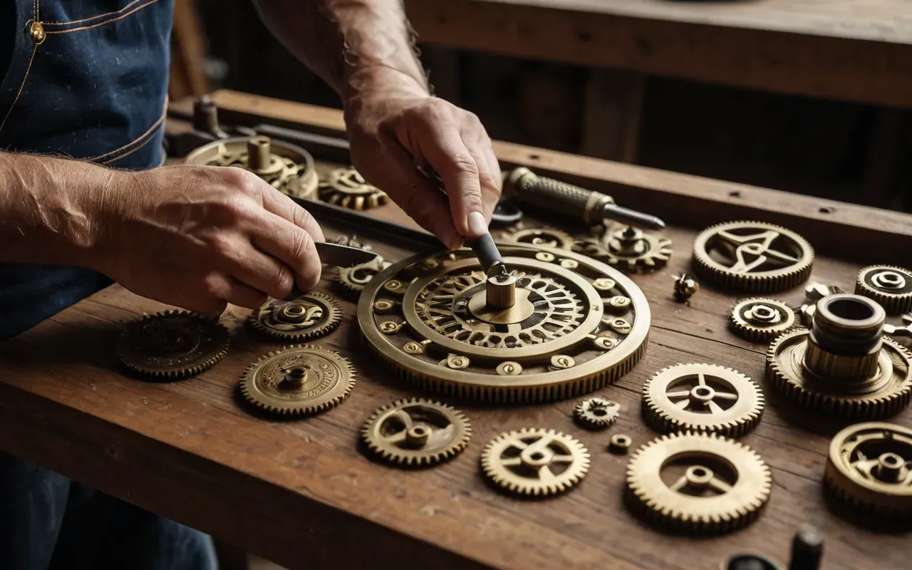 saat tamiri A craftsman's hands carefully assembling intricate brass clock gears on a wooden workbench with precision tools arranged neatly in the background under warm natural light.