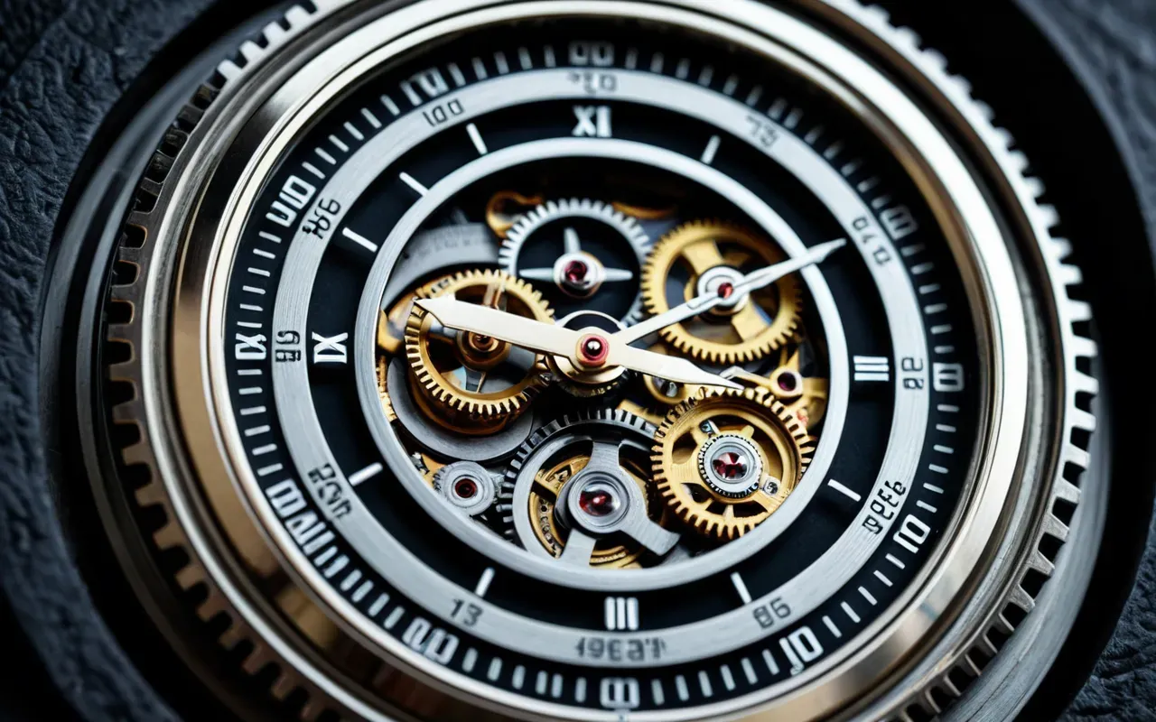 mekanik dişliler ve dijital saat A detailed macro shot of intricate mechanical watch gears moving slowly beside a digital clock display. The contrast between the organic movement of metal parts and the static precision of electronic time is highlighted by dramatic studio lighting.