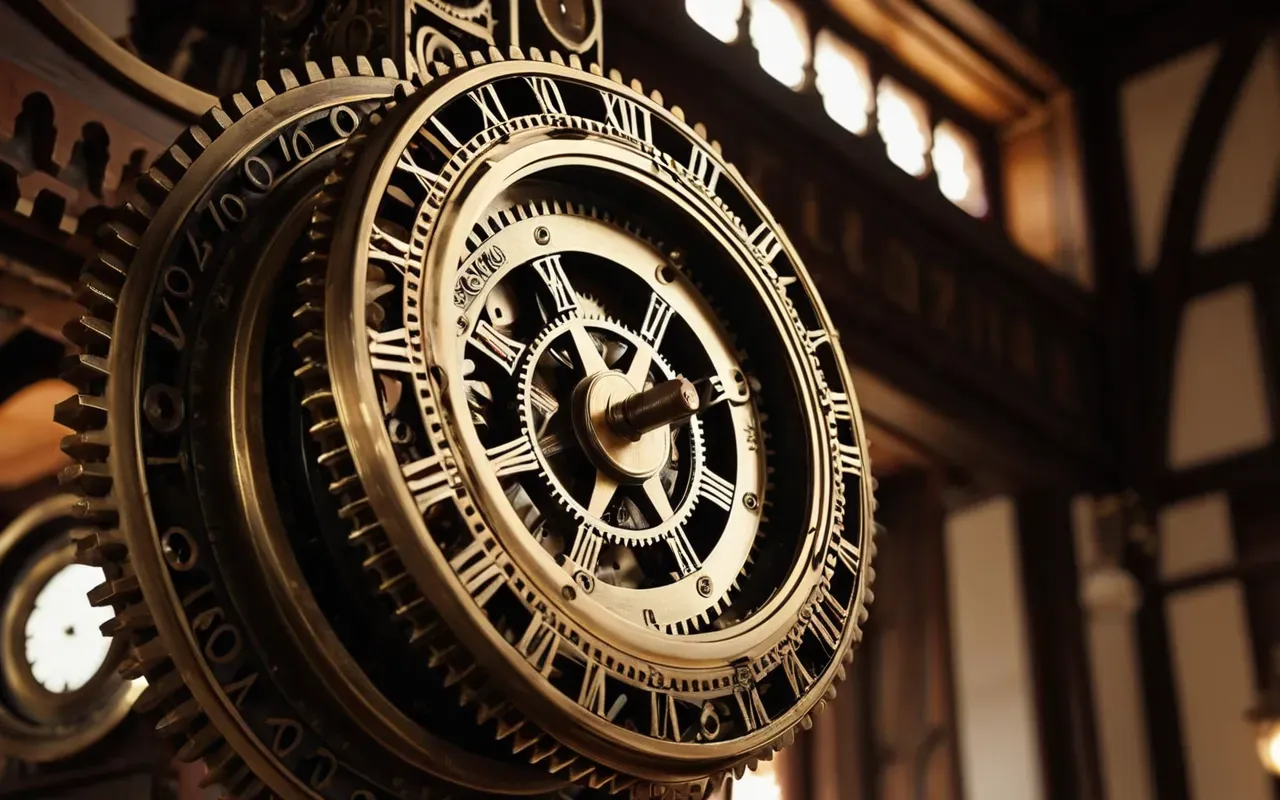 saat dişlileri A detailed shot of intricate brass gears and a heavy weight suspended in an old clock tower interior with warm ambient lighting.
