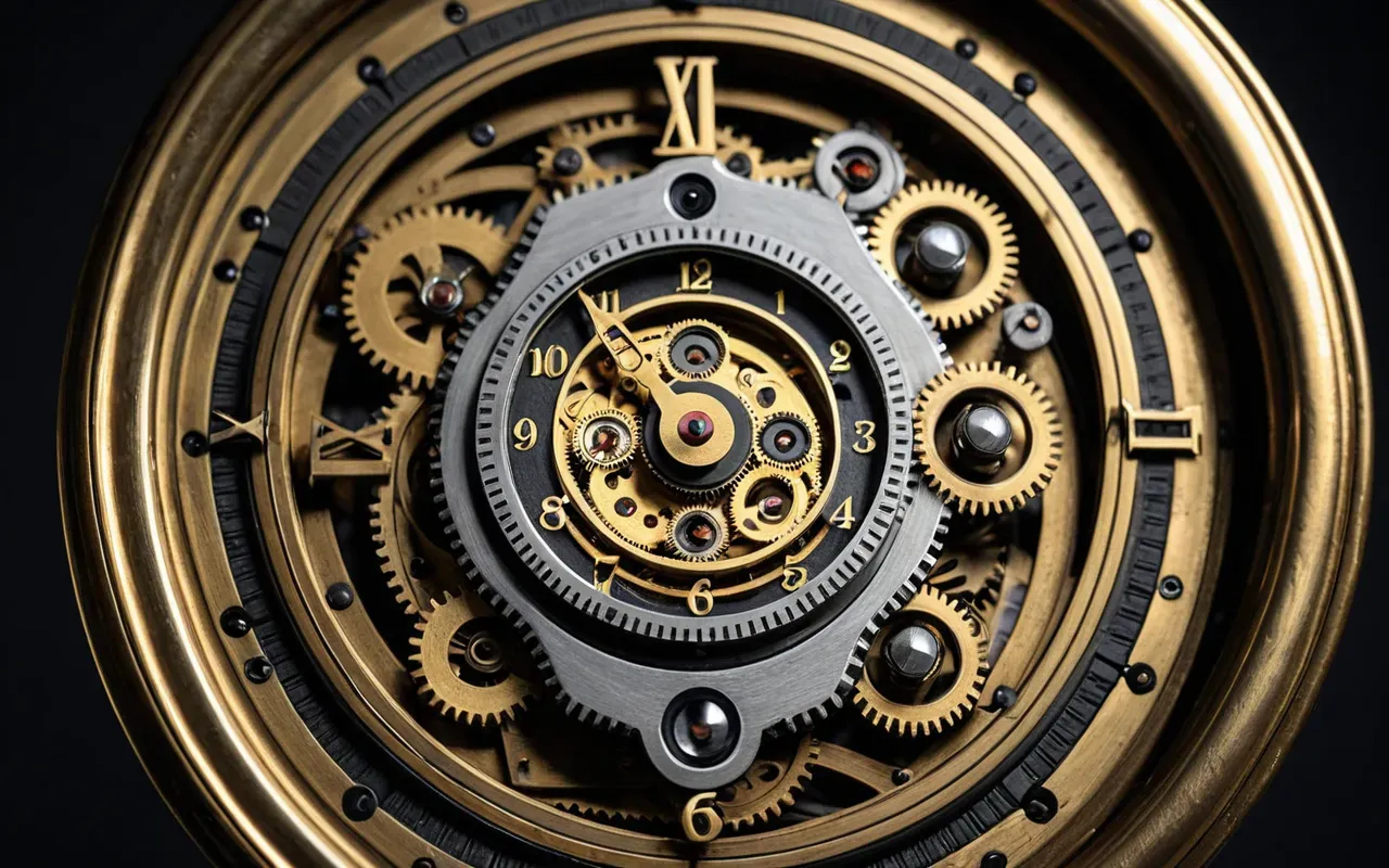 A detailed view of a vintage brass clock movement with intricate gears and springs, illuminated by soft studio lighting to highlight the mechanical precision.