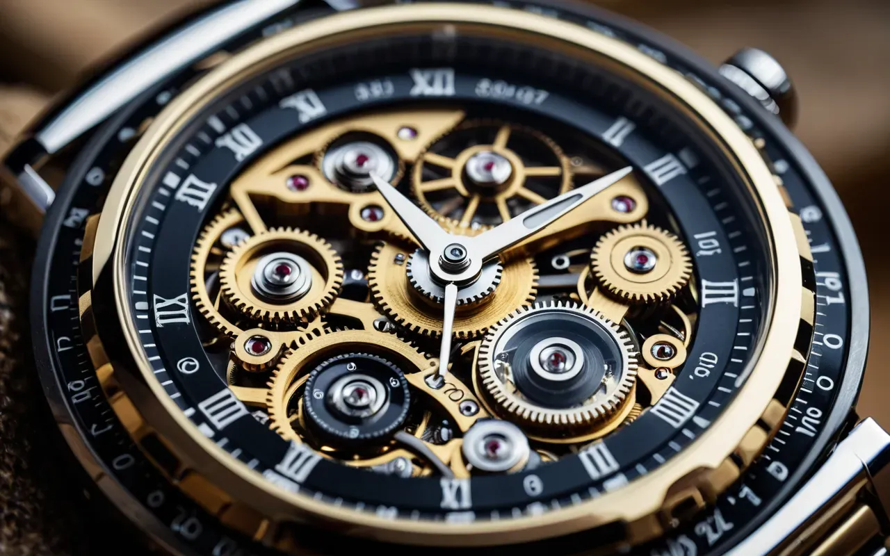 saat mekanizması detayı A detailed view of an intricate mechanical watch movement with polished gears and springs visible through a transparent crystal case back in warm light.