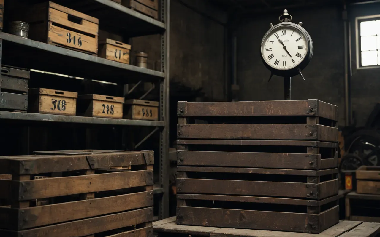 A dimly lit industrial storage room with stacked wooden crates and old metal parts. A single rusty clock mechanism sits on a dusty shelf in the foreground.