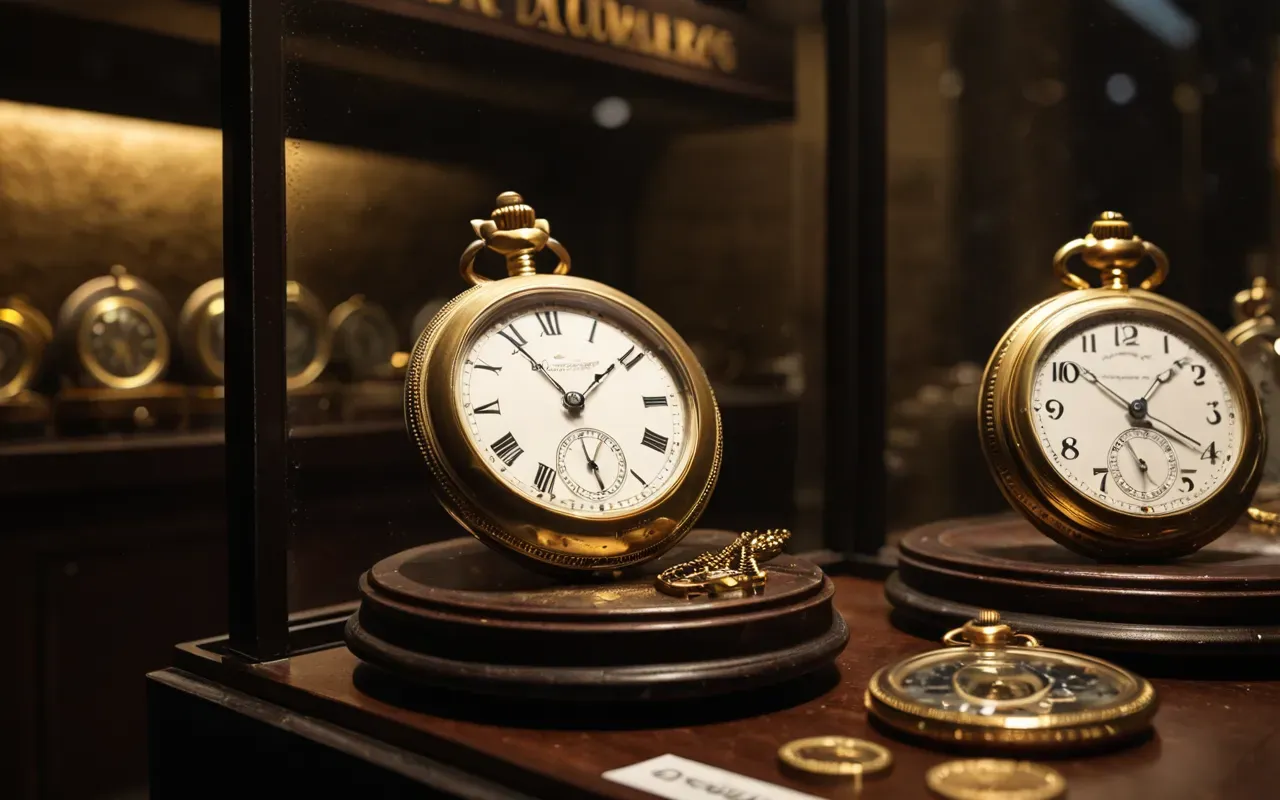 A dimly lit museum room with a glass display case containing intricate antique pocket watches and mechanical components. Soft warm lighting highlights the gold tones of the watch cases against a dark wooden background.