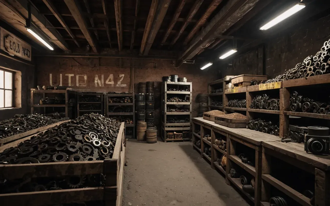 A dimly lit storage room filled with scattered rusty metal gears and mechanical parts on wooden crates under warm overhead lighting.