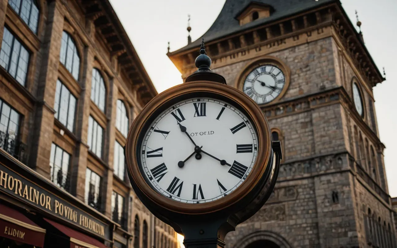 A historic stone clock tower standing in a bustling city square during golden hour. The warm sunlight casts long shadows across the cobblestone pavement. People are walking around the base of the tower, some looking up at the intricate architectural details. The sky is clear with soft orange and pink hues near the horizon.