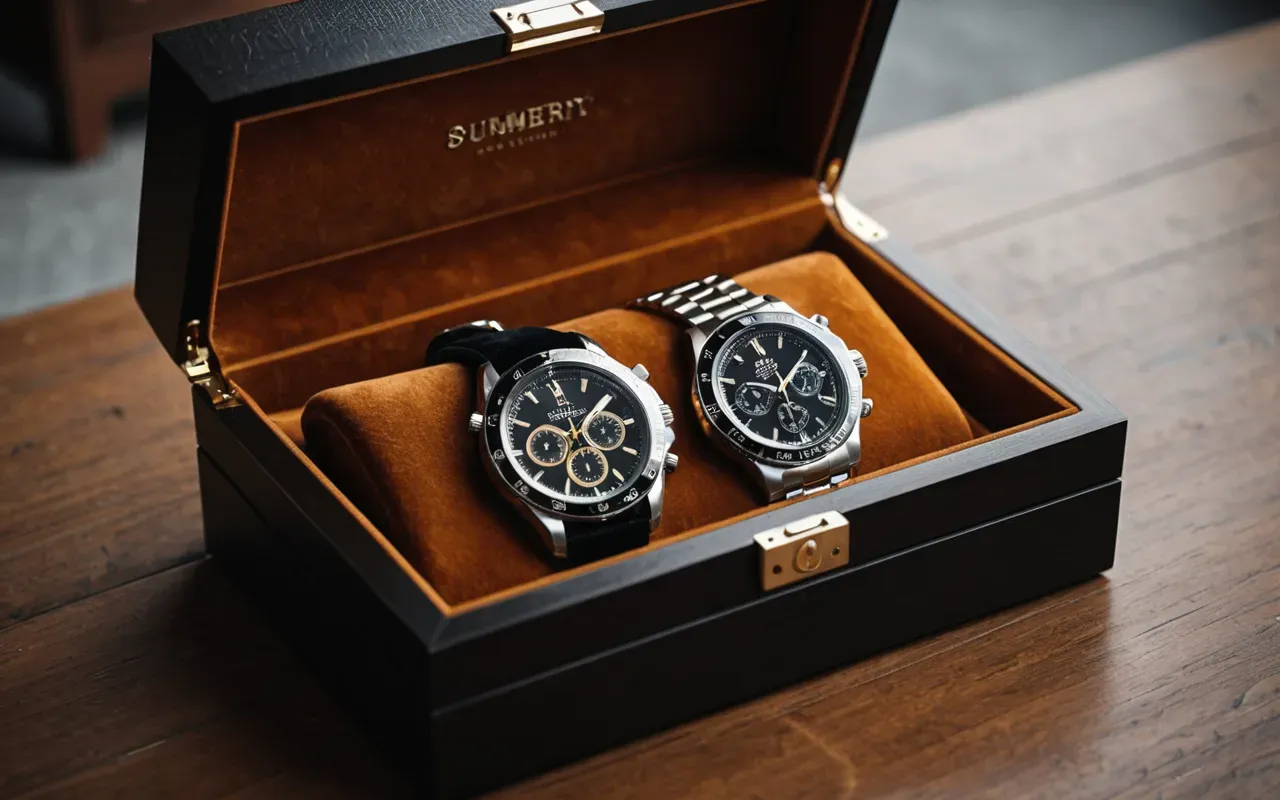 A luxury watch box open revealing a silver watch with a leather strap on velvet lining.