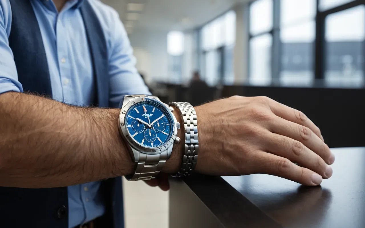 günlük kullanım saati A man's wrist wearing a blue-dial automatic watch with a steel bracelet. The background is blurred showing a modern office setting with soft daylight coming through large windows. No text or logos are visible on the watch face.