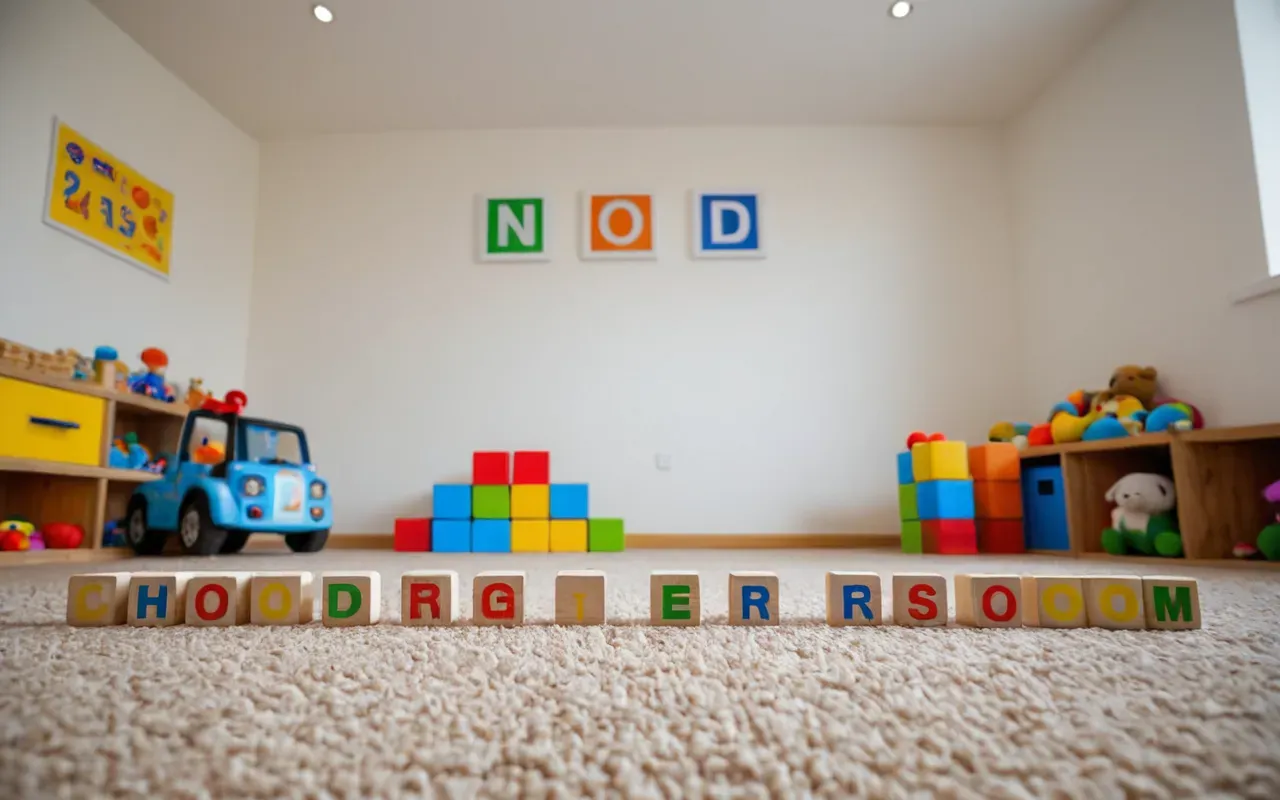 A modern, bright children's playroom with colorful soft toys and wooden blocks scattered on a clean carpet. A young child is laughing while playing near a low shelf filled with picture books. The room has large windows letting in natural light, creating a safe and welcoming atmosphere without any visible text or signage.