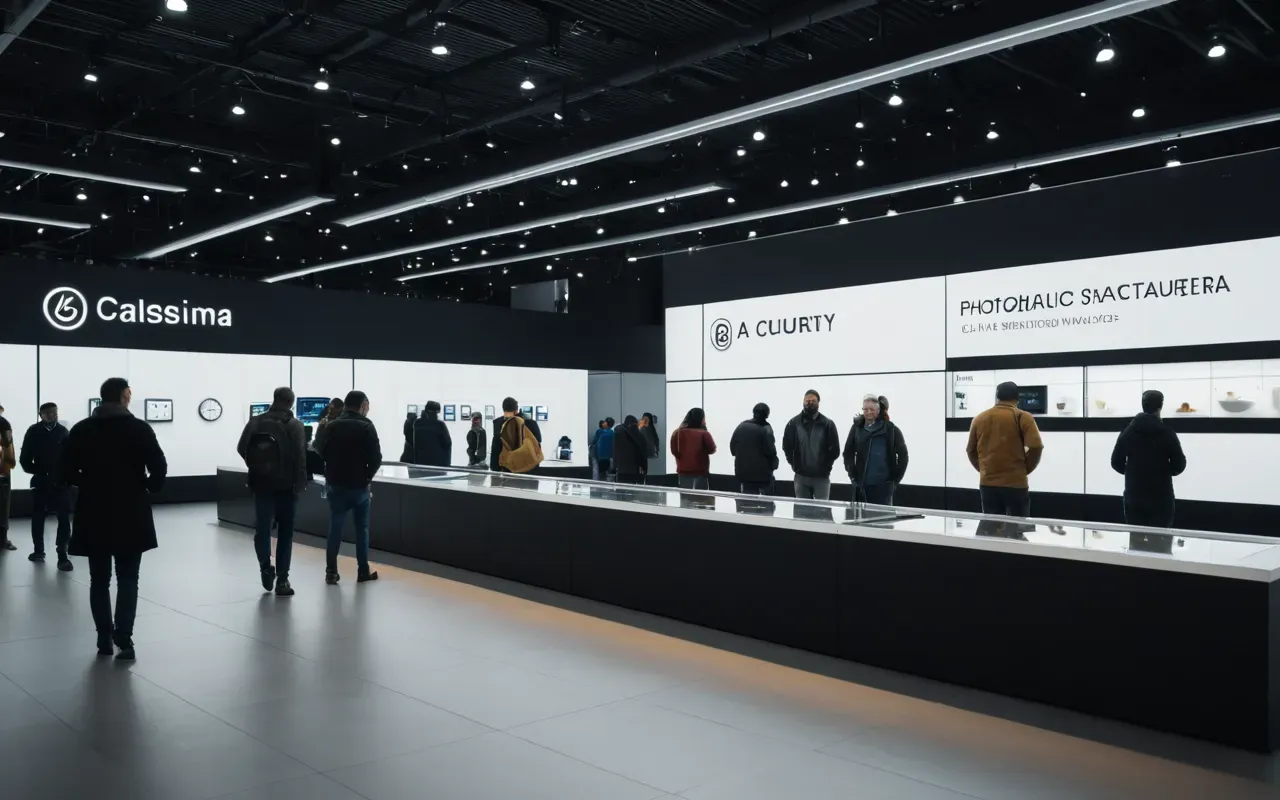 saat sergisi ortamı A modern exhibition hall with minimalist watch displays and people observing the timepieces under soft lighting.