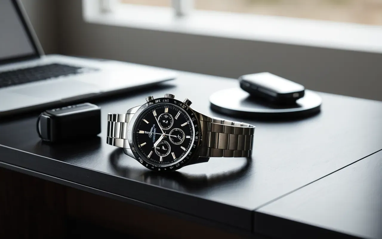 dijital ve mekanik saat A modern minimalist desk setup featuring a sleek smartphone lying next to an elegant mechanical wristwatch with visible gears. Soft natural light highlights the metallic textures and precision engineering of both devices in a clean studio environment.