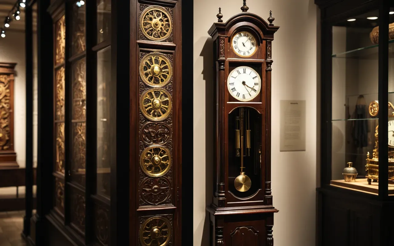 tarihi mekanizma A modern museum display case containing an antique tall grandfather clock with intricate wooden carvings and brass gears illuminated by soft overhead lights.