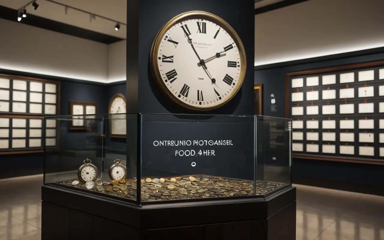 A modern museum gallery with a large wall clock standing on the floor next to a display case of small pocket watches. The lighting is soft and focused, creating an elegant atmosphere for viewing antique timepieces.