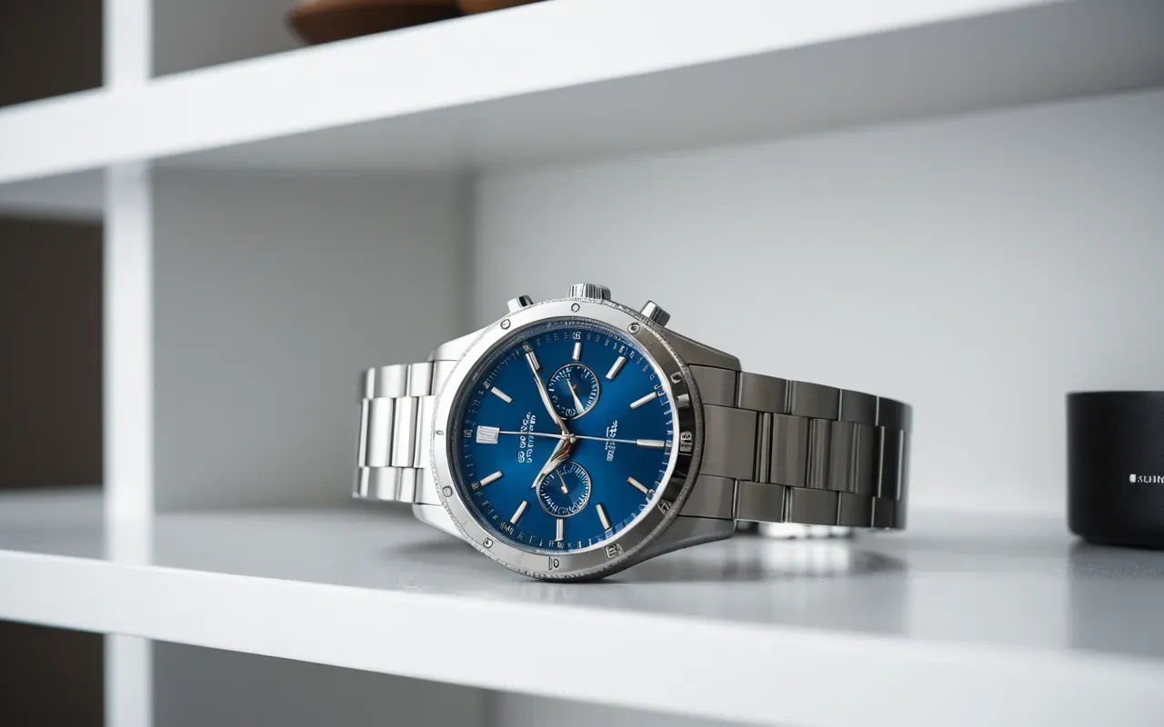 saat saklama önerisi A modern wristwatch with a blue dial and steel bracelet displayed on a minimalist white shelf. The background is clean and bright with natural lighting emphasizing the metallic sheen of the watch components.