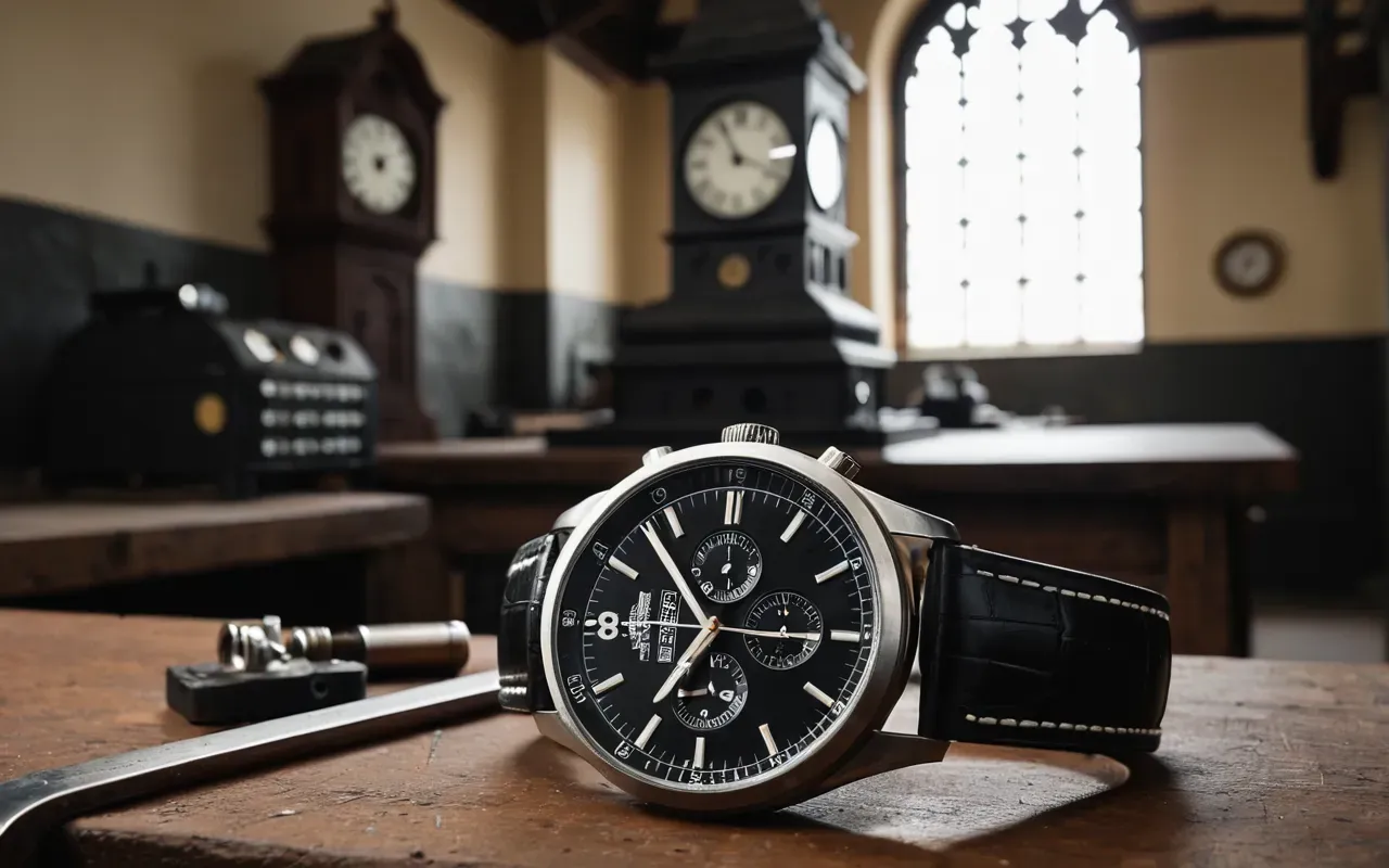 saat karşılaştırması A modern wristwatch with a visible automatic rotor next to an old mechanical clock tower gear system on a workbench.