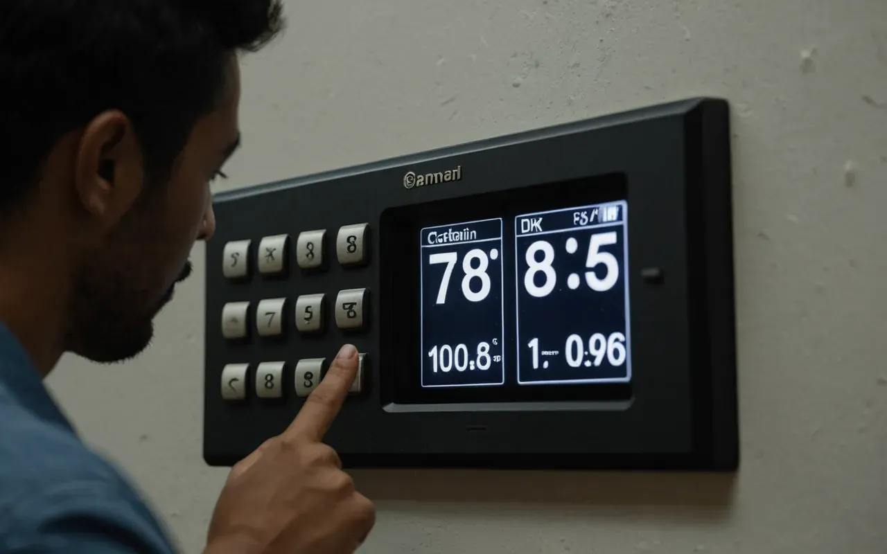A person adjusting the time on a digital clock interface with their thumb finger pressing buttons in a dimly lit room focusing entirely on precise manual control settings.