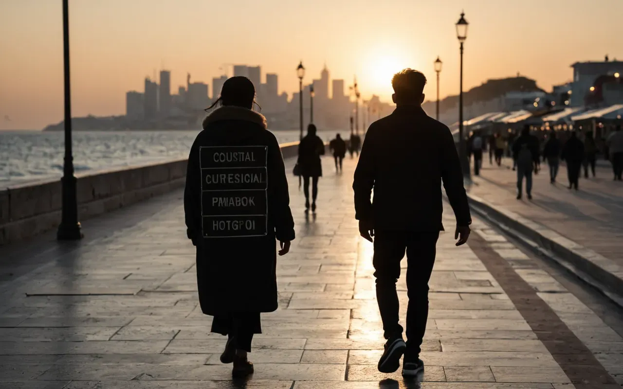 A person walking along a seaside promenade at sunset. The silhouette of the figure is captured from behind as they look towards a distant city skyline with historic buildings. The water reflects the warm colors of the sky, creating a peaceful and contemplative atmosphere.