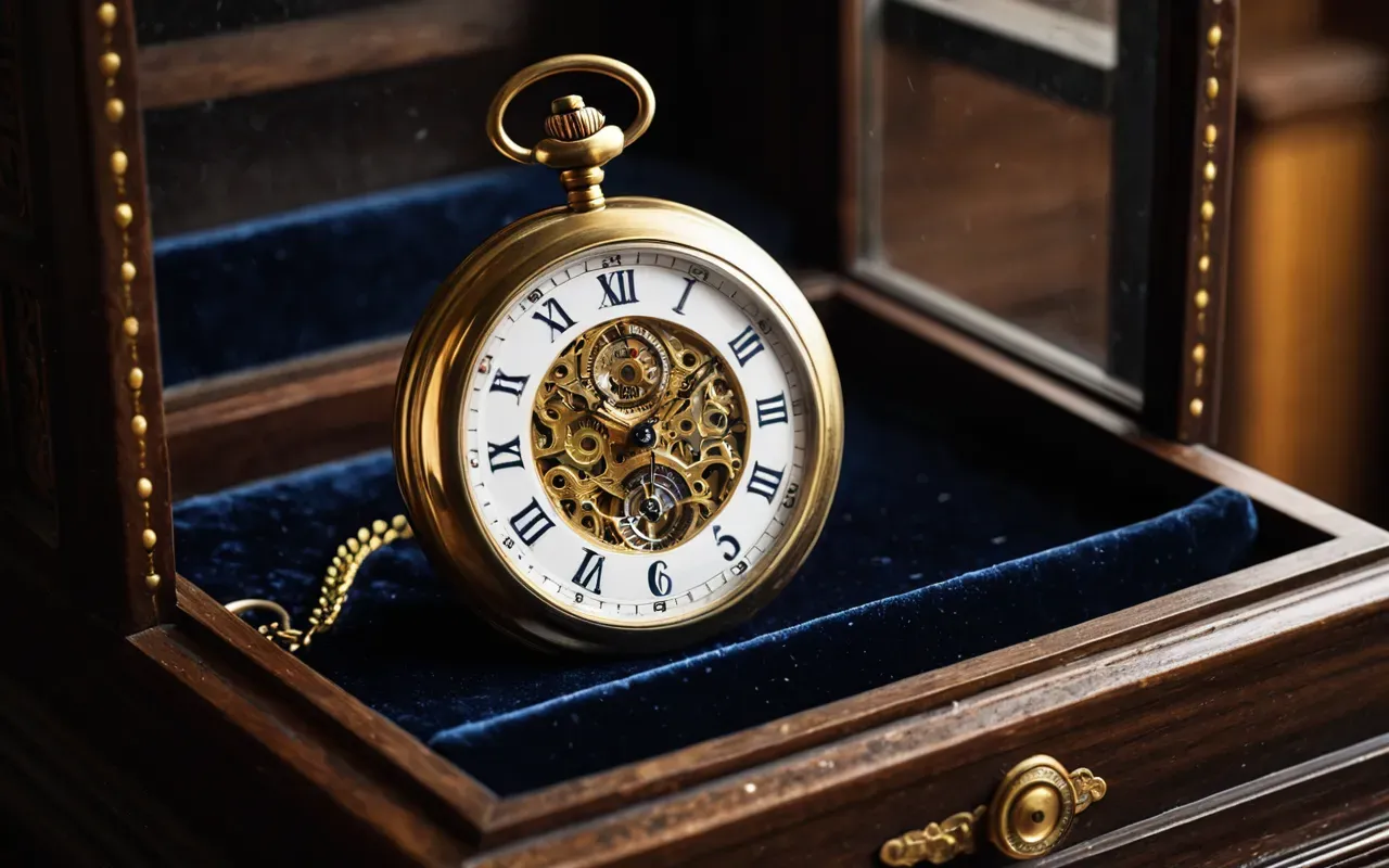 mekanik saatler A single intricate mechanical pocket watch resting on a dark velvet surface inside an antique wooden display case with soft golden lighting.