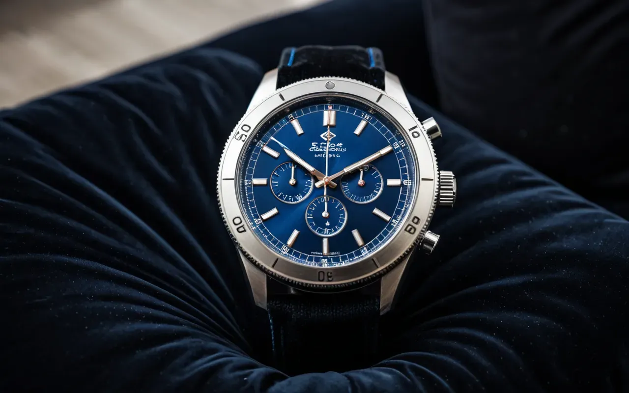 premium saat sunumu A sophisticated blue-dial automatic wristwatch with a polished steel bracelet displayed on a sleek black velvet cushion. The lighting is dramatic and focused highlighting the metallic reflections and deep blue hue of the watch face.