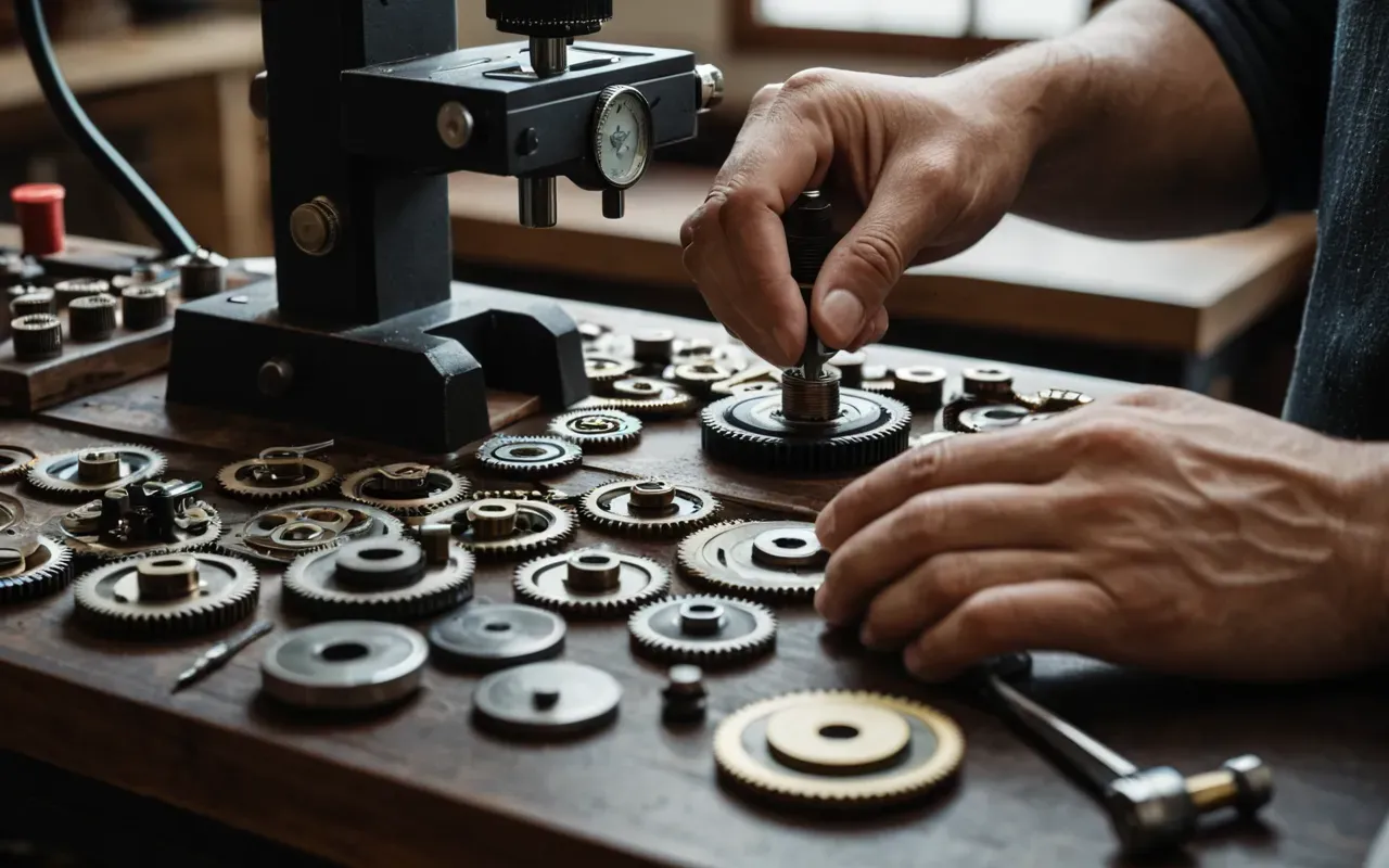 A watchmaker wearing magnification glasses carefully assembling tiny gears at a clean workbench with precision tools and soft overhead lighting.