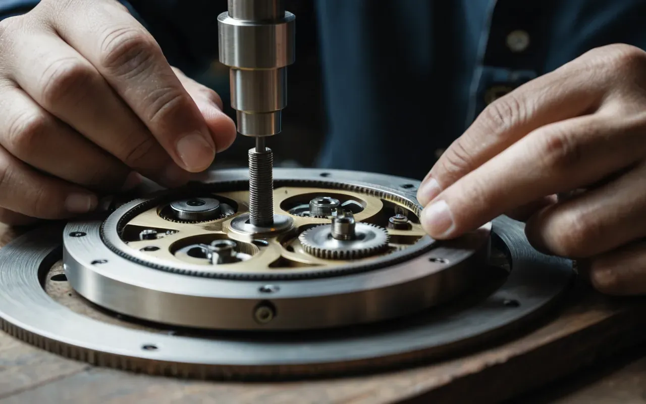 saat ustası atölyesi A watchmaker's hands assembling a small gear mechanism using precision tools in a bright workshop.