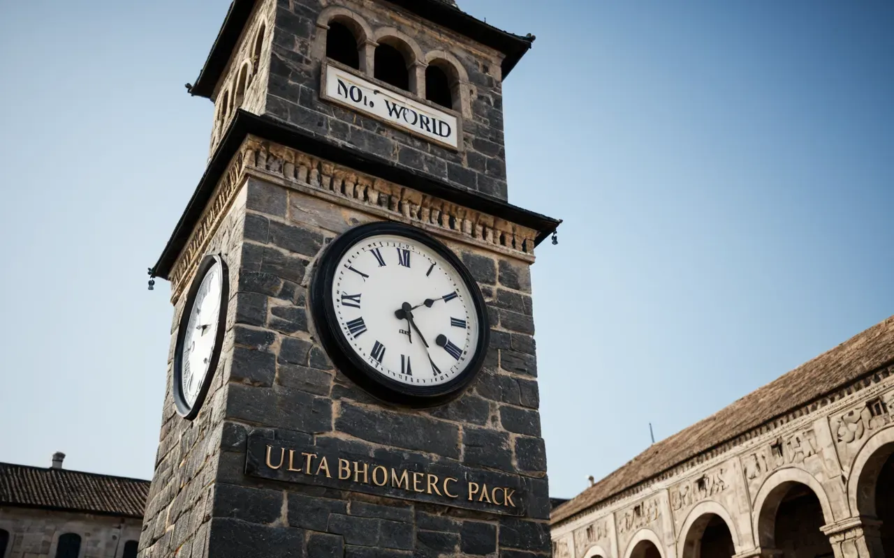 A weathered stone clock tower standing in a public square during the day. The structure shows signs of age but remains intact against a clear sky background.