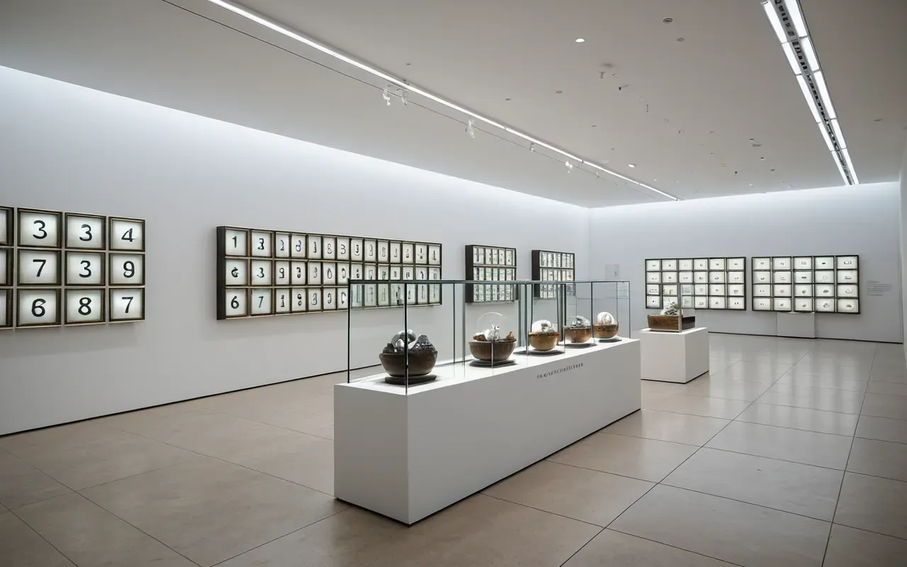 A wide angle view of a modern minimalist museum gallery with glass display cases containing various antique clocks and watches arranged neatly on white pedestals under bright overhead spotlights creating a clean professional atmosphere.