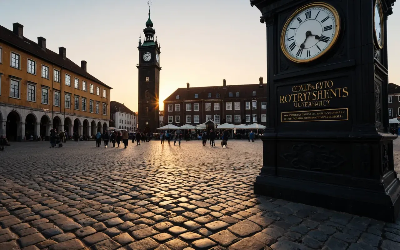 İzmir saat kulesi A wide shot of a historic clock tower standing tall in a bustling city square during sunset, with long shadows cast on the cobblestone pavement and silhouettes of people walking by.