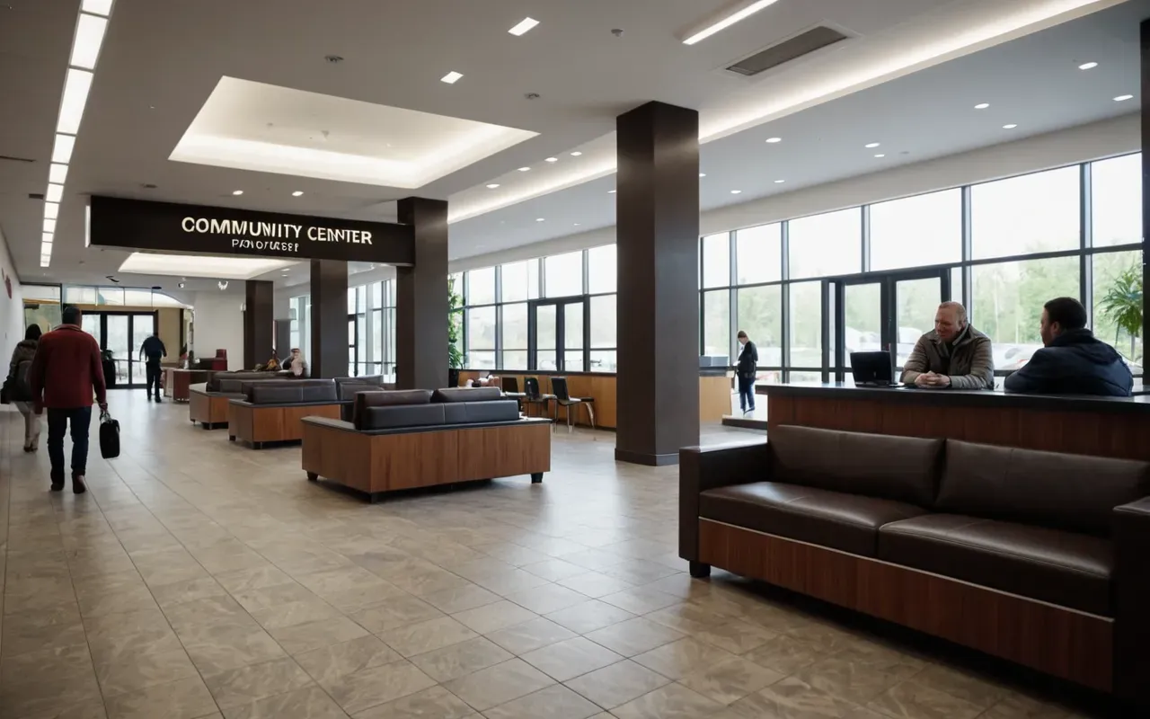 A wide shot of a modern community center lobby with soft lighting and comfortable seating. A few adults are chatting near a reception desk while children play in the background area filled with educational toys. The space feels open, clean, and inviting with natural wood accents.