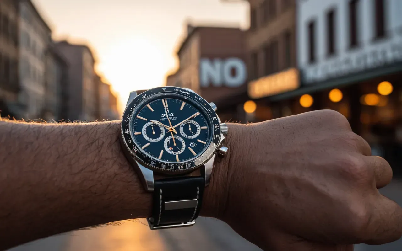 A wrist wearing a sophisticated automatic watch with a leather strap, captured in motion against a blurred city background during sunset.