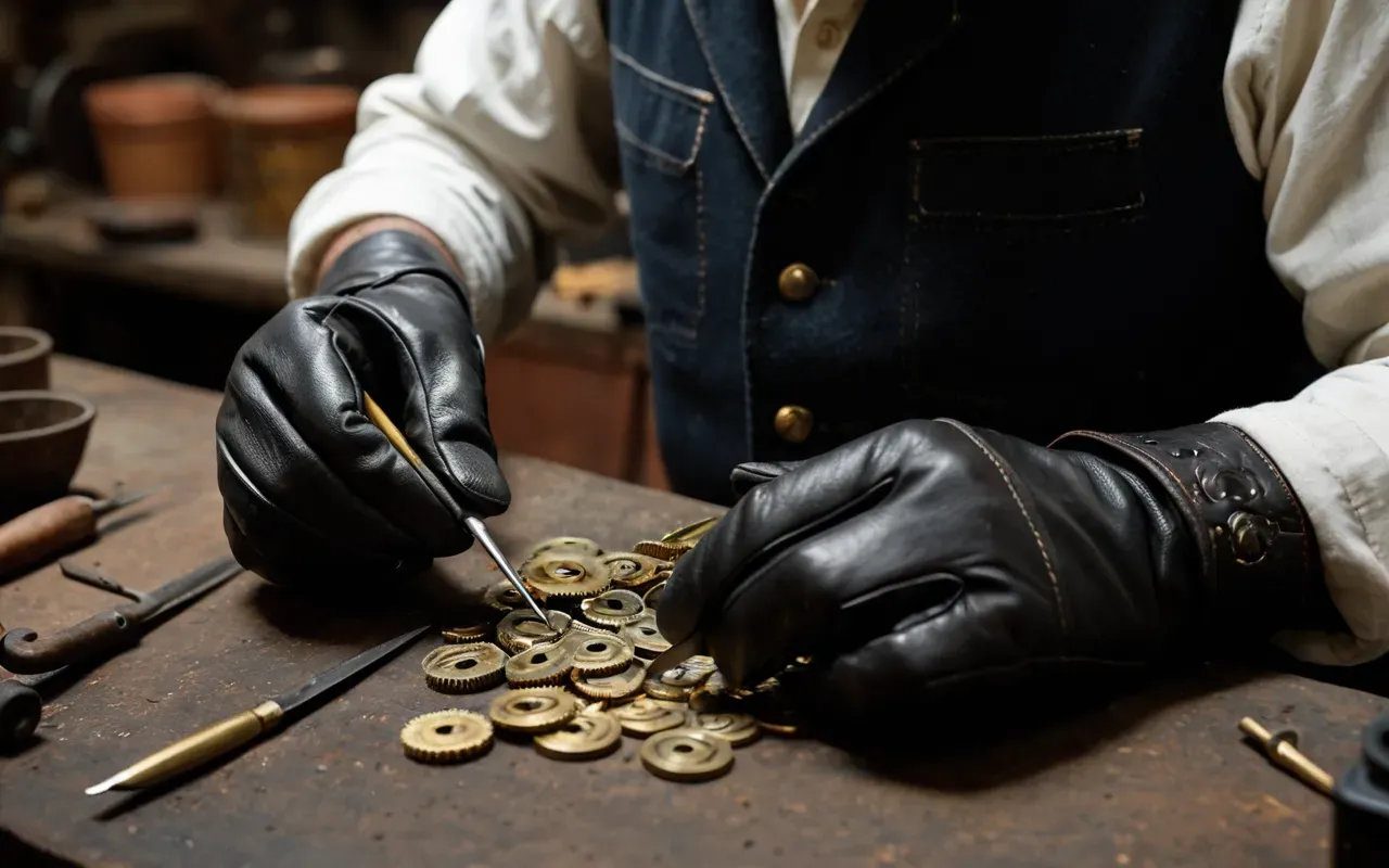 Feti Pamukoğlu An elderly clockmaker's hands carefully adjusting a small brass gear in a dimly lit workshop, wearing leather gloves and using precision tweezers, focusing on the intricate details of mechanical repair.