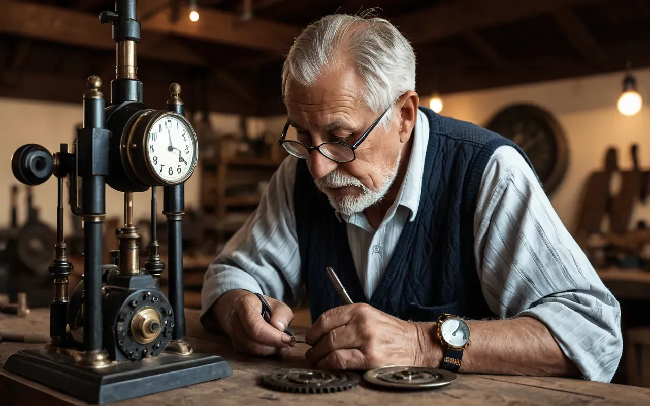 An elderly craftsman with a magnifying glass examining intricate clock gears at a wooden workbench under focused task lighting.