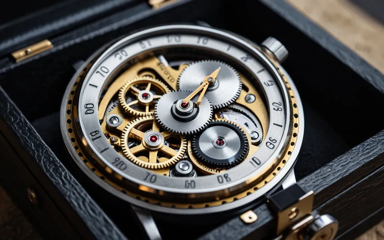 Close-up macro shot of a mechanical watch rotor spinning inside an open case back, metallic textures and gears visible under soft studio lighting.