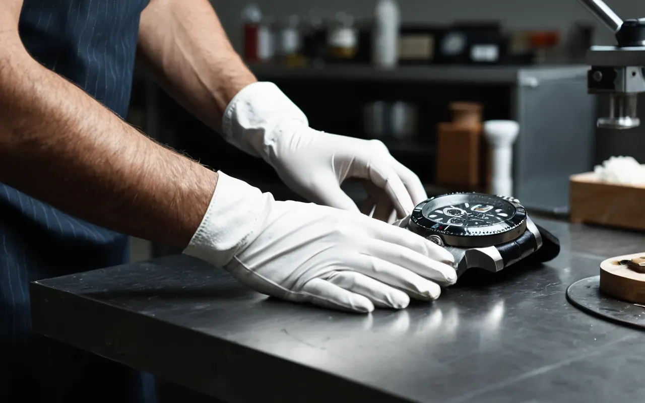 Close up of a luxury watch being serviced by hands in clean white gloves on a professional workbench with precision tools and soft diffused lighting without any visible text or branding elements