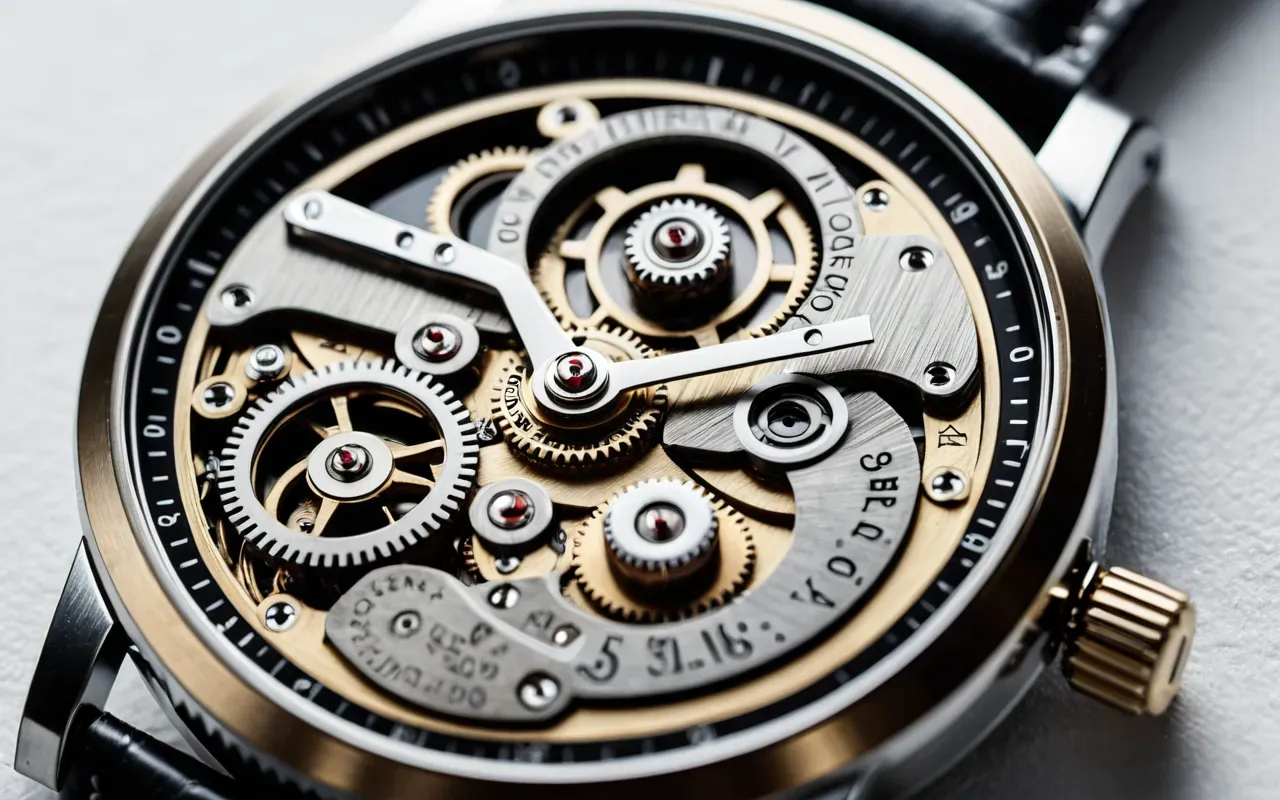 Close-up of a mechanical watch movement with visible gears and rotor, soft studio lighting on a clean white surface, macro photography style showing intricate metal components without any text or labels.
