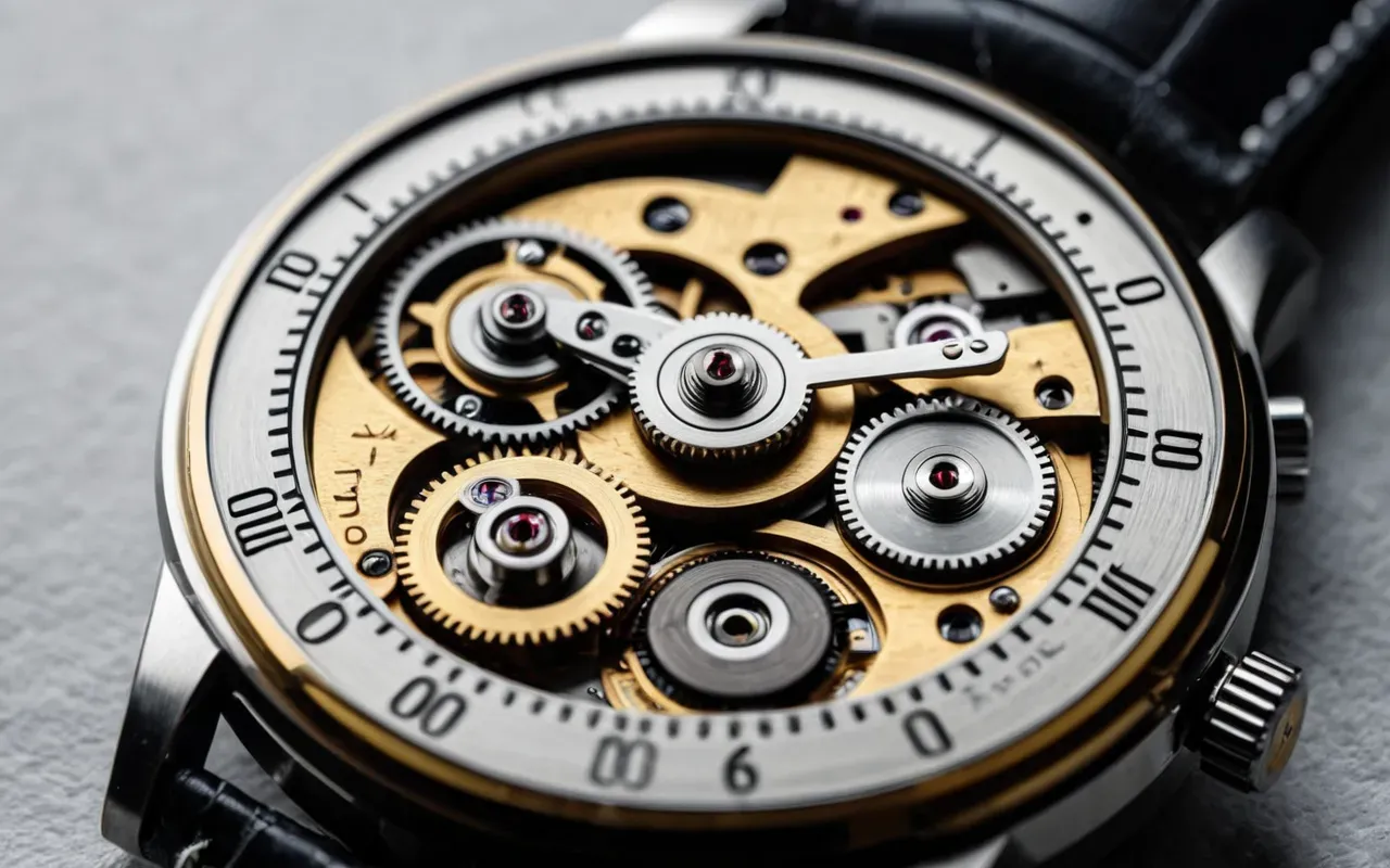 otomatik mekanizma detayları Close-up of a mechanical watch movement with gears and mainspring barrel visible through the exhibition caseback, macro photography, clean lighting