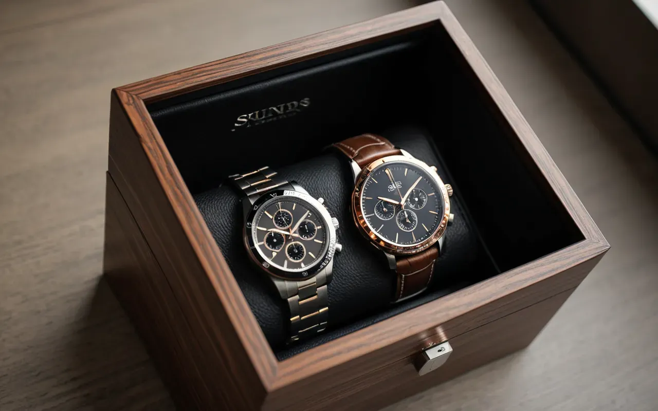 Close-up of a modern minimalist watch winder box with soft ambient lighting and clean lines in neutral tones.
