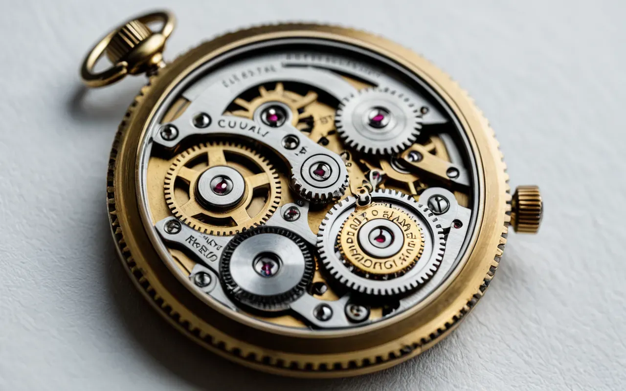 saat mekanizması Close-up of a vintage mechanical watch movement with brass gears and jewels on a clean white workbench under soft studio lighting, high detail macro photography