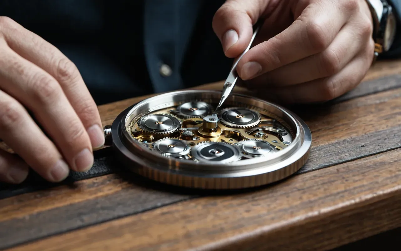 saat tamiri Close-up of a watchmaker's hands using fine tweezers to adjust the intricate gears inside an open automatic watch case on a clean wooden workbench with soft natural light illuminating the precision components
