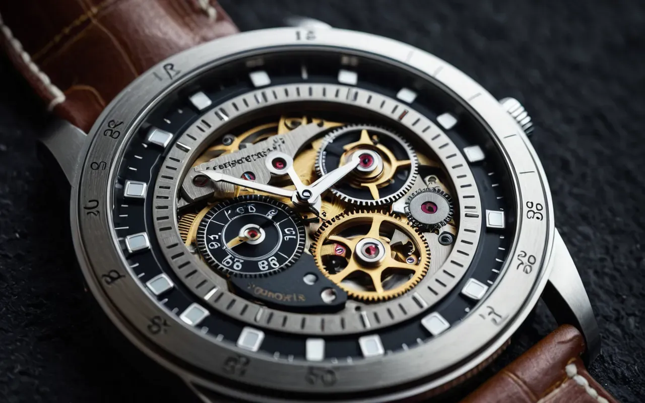Close up of a wristwatch mechanism on a clean dark surface with soft studio lighting and brushed metal textures showing precision engineering details without any visible text or logos