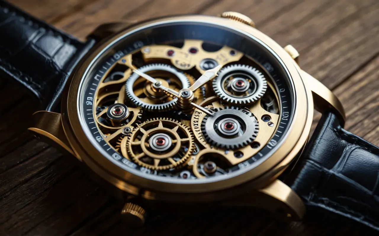 saat mekanizması detayı Close-up of a wristwatch movement showing gears and springs under warm light on a wooden table.